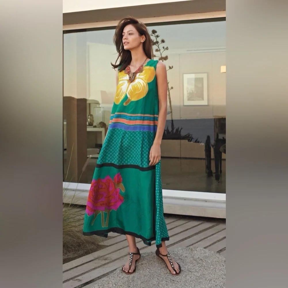 ANUPAMAA Silk Maxi Dress Green Floral Print Boho Luxe Summer Vacation Gown - Picture 2 of 13